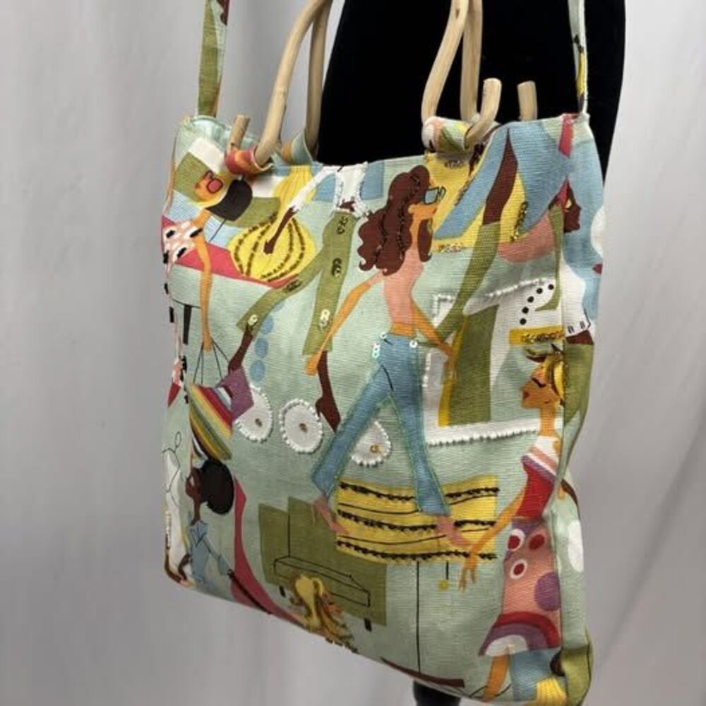 Whimsical Artsy Tote Bag Bamboo Handles Boho Resort Purse